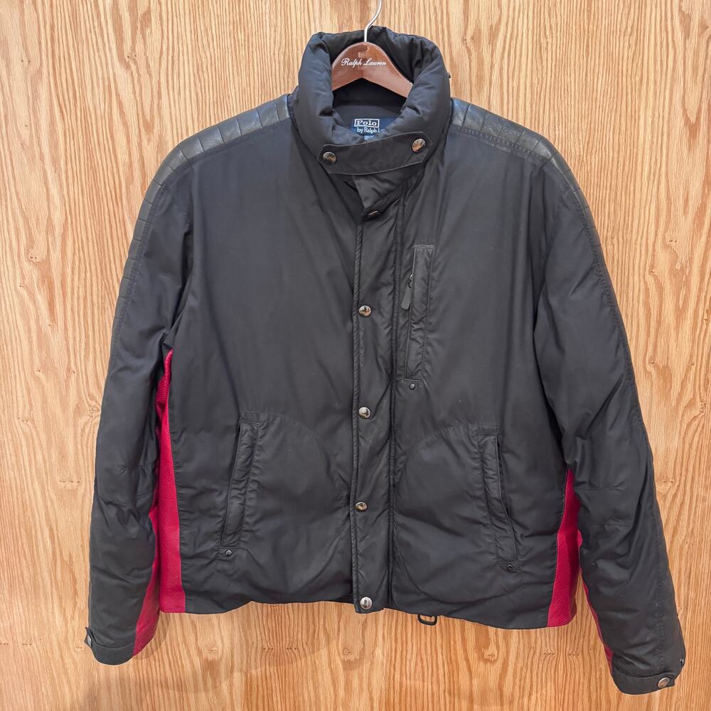 Vtg Rare 90s Polo Ralph Lauren Leather Racing Down Jacket L Limited Leather